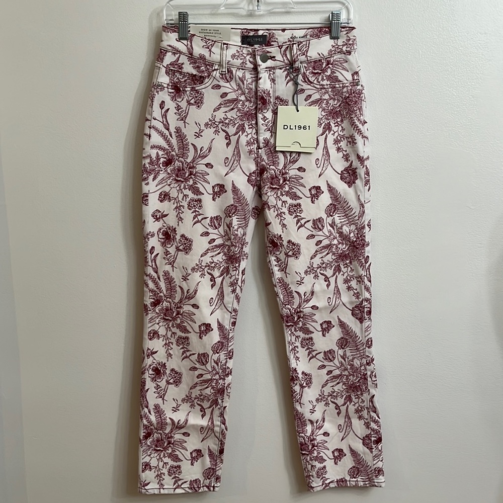 DL1961 Women's Mara Ankle High Rise Straight Jeans, Floral & Cream Size 29